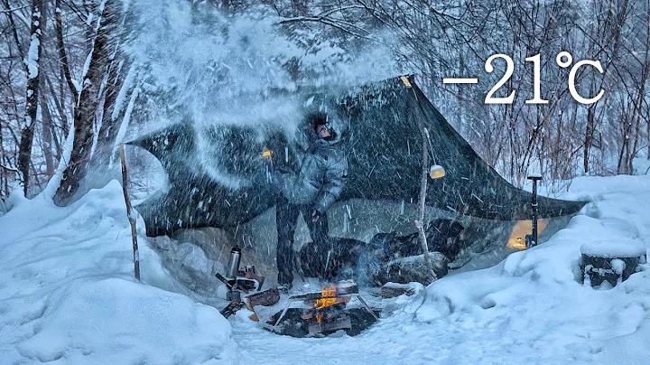 -21℃ No Tent Winter Camping Heavy Snow . Rotisserie Chicken . Snow Storm ASMR