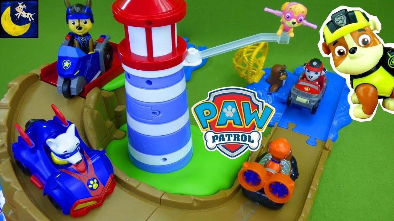 nick jr toys target Funny Toy Stories for Kids Paw Patrol Mission Paw Toys Race at Skye & Zuma's Lighthouse Playset!