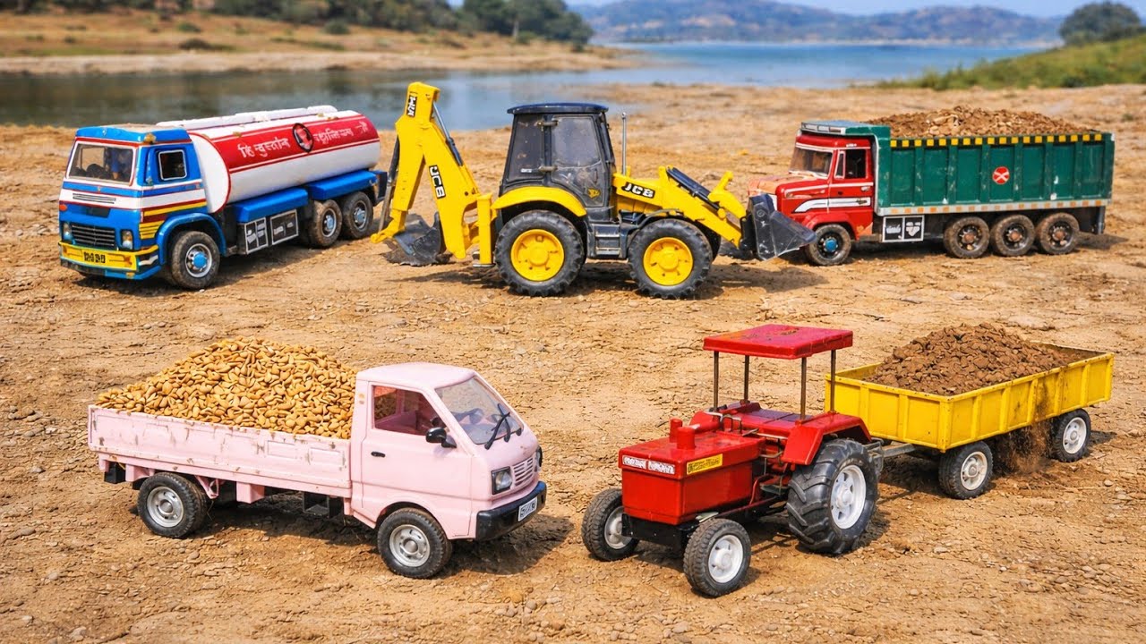 Swaraj Tractor 855 truck overloaded Tata Signa Dumper Truck JCB 3DX Backhoe Loader kids TOY video 