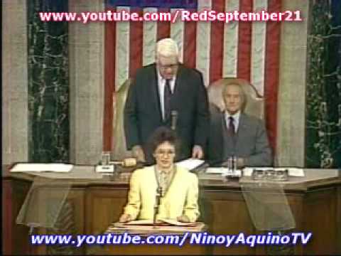 On September 18, 1986, just 7 months after she was swept to power by a popular revolt against dictator Ferdinand Marcos, president Corazon C. Aquino addressed the joint session of the United States Congress during her first visit to the country since she came home to bury slain opposition leader and husband Sen. Benigno "Ninoy" S. Aquino, Jr. in August 1983. NO COPYRIGHT INFRINGEMENT INTENDED! FOR POSTERITY, INFORMATION AND EDUCATIONAL PURPOSES ONLY!