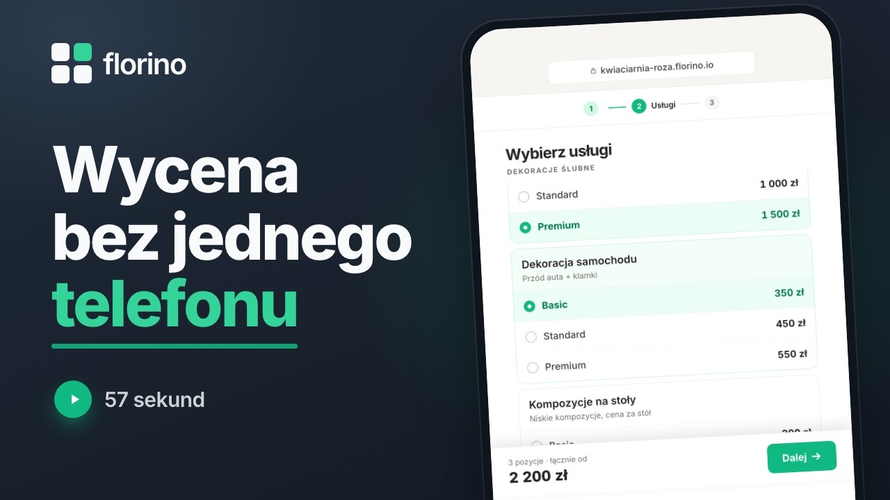 Konfigurator wycen Florino — klient wybiera usługi, a suma liczy się na bieżąco