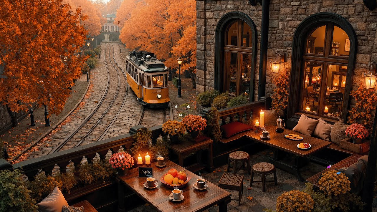 Autumn Train Station Jazz 🍂 Cozy Street Café Ambience with Smooth Jazz for Relax & Sleep