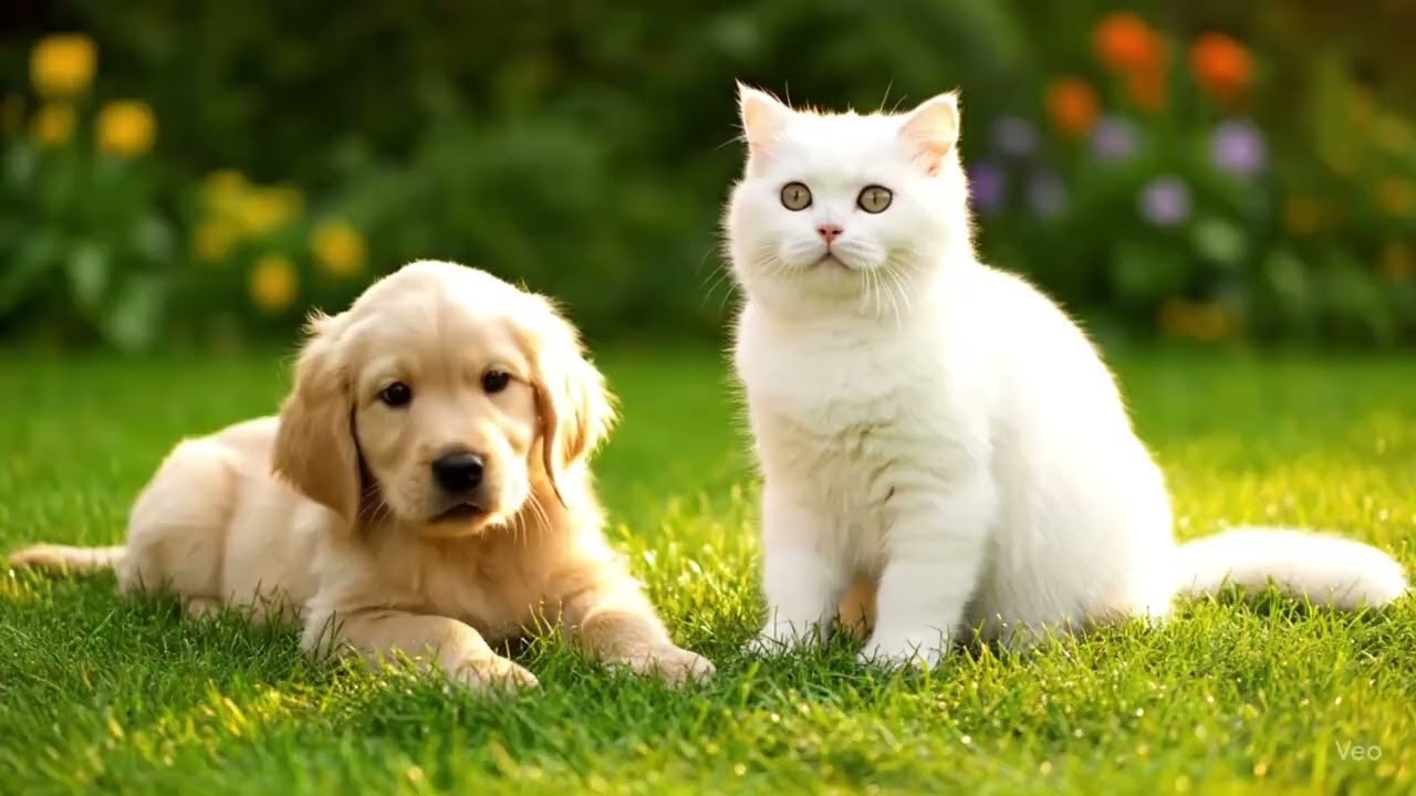White cat meeting a golden retriever🤍💛
