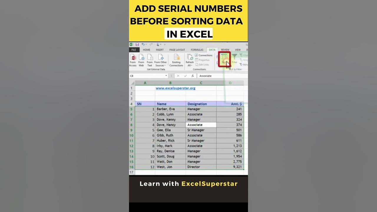 Before sorting in Excel, add a serial number column - YouTube
