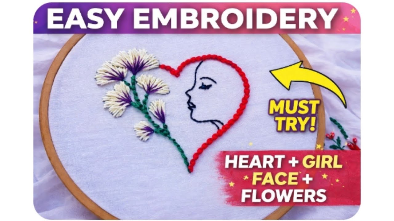 Beautiful Heart Shape Embroidery Design|Girl Face Line Art with Flower|Easy Hand Embroidery Tutorial