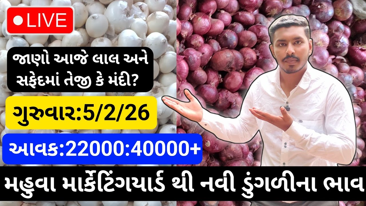 મહુવા થી લાલ અને સફેદડુંગળીના ભાવ🔥| 5/2/26 | White & Red Onion Market Rate Today💸| लाल ओर सफेद भाव🧅
