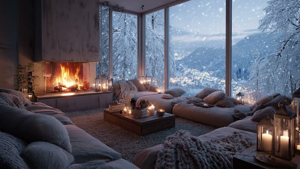 Deep Relaxing Snow Cabin Piano | Cozy Fire Glow and Soft Snowfall Sounds