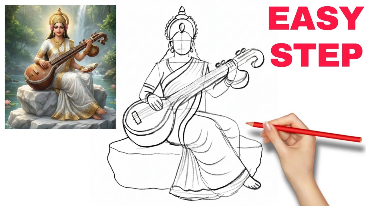 How to draw Saraswati Devi Drawing | Vasant Panchmi Drawing | Easy Saraswati Maa drawing