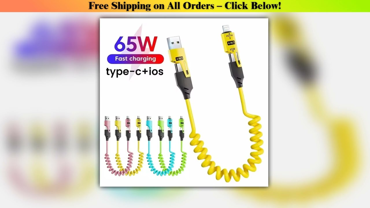 65W Quick Charger Spring USB Cable 4 in 1 Spring Data Cable 6A USB Type C Spring Telescopic Wire fo