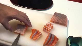 サーモンのさばき方STEP4・刺身の切り方・刺身の盛り方・寿司屋の板長が教える