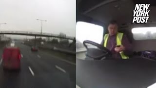 Texting doofus films himself causing major accident