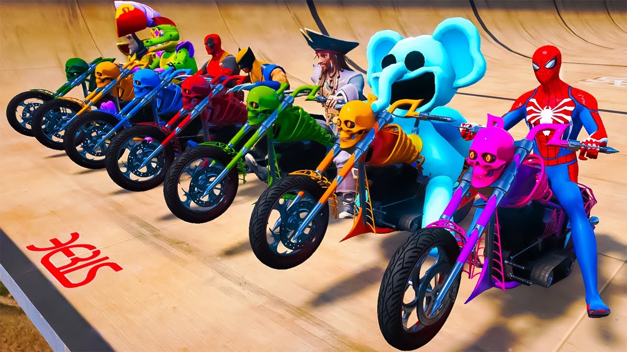 TEAM SPIDER-MAN MOTORBIKE RAMP CHALLENGE - JUMPING OVER THE SUBMARINE