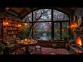 Peaceful Rain Jazz Ambience | Cozy Fireplace Room with Blossom Canal View for Study and Reading