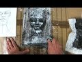 Monoprinting a portrait with black and white oil paint over an acrylic wash.