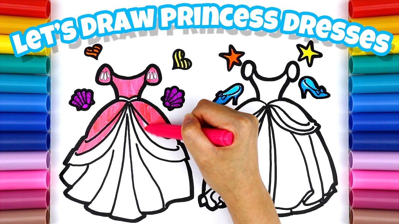 How To Draw And Color Disney Princess Ariel And Cinderella Dresses