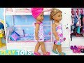 Baby doll morning routine in bedroom with bunk beds play toys