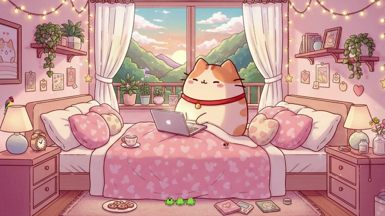 Pink Sunset Bedroom 💗 Cozy Lofi Cat Study Vibes 🌅 Soft Chill Beats for Focus & Relax