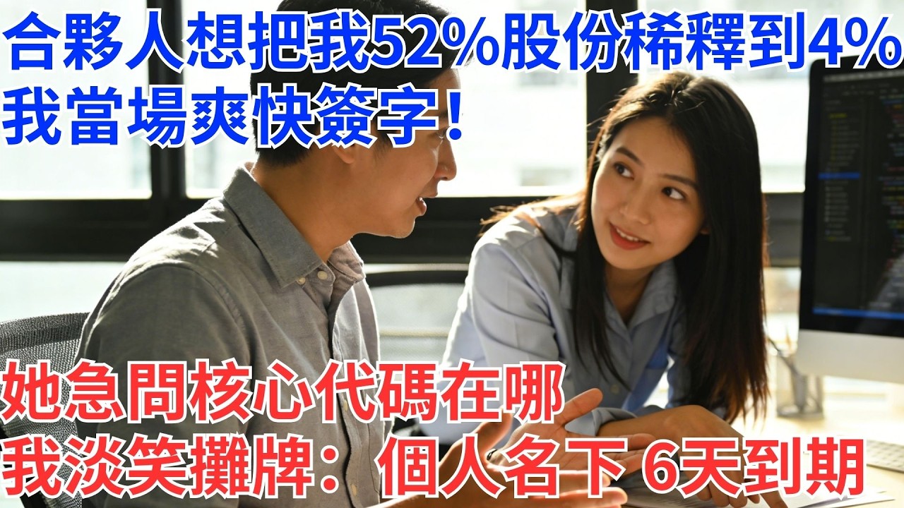 合夥人想把我52%股權稀釋到4%，我二話不說簽了字！她立刻追問核心程式碼在哪，我平靜回：專利登記在我個人名下，六天後就到期…#為人處世#生活經驗#情感故事#职场