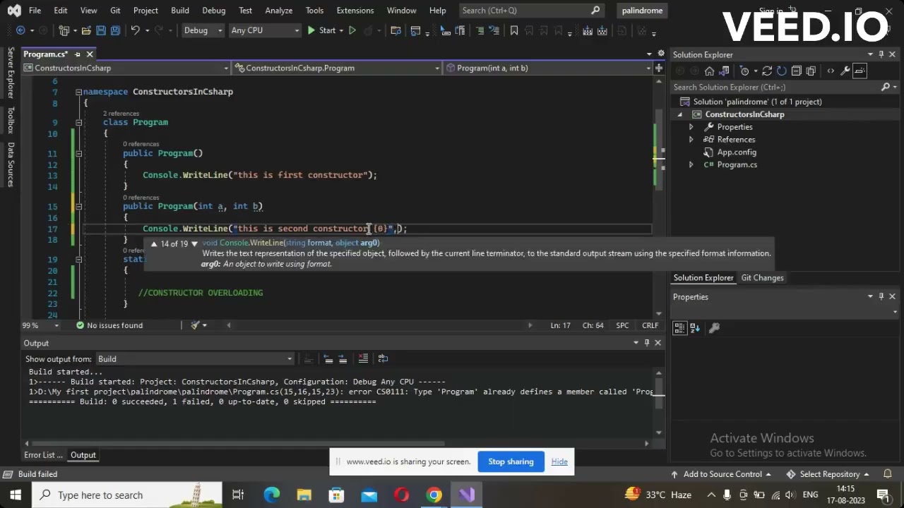 CONSTRUCTOR OVERLOADING IN C SHARP , WHAT IS CONSTRUCTOR OVERLOADING WITH EXAMPLE.