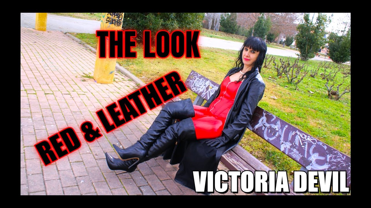 Victoria Devil. Leather Lookbook. Red Corset, Red Vinyl Leggings, and Thigh-High Boots.