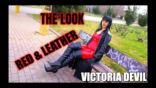 Victoria Devil. Leather Lookbook. Red Corset, Red Vinyl Leggings, And Thigh-High Boots.