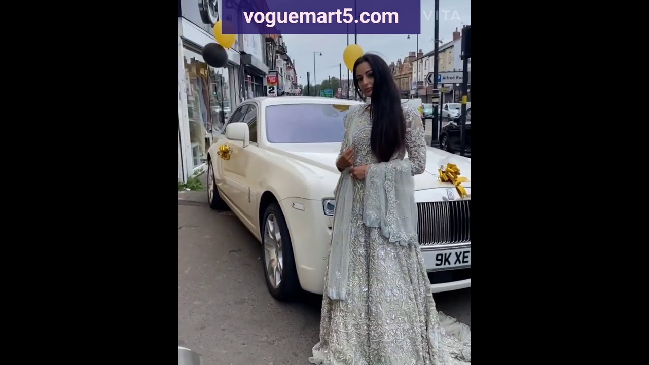 White Grey Wedding Gown Trail Cut Gown Anarkali Frill Pakistani Style Walima Nikaah Kshkin
