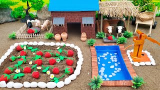 DIY making mini Farm Diorama with House for Cow, Pig - Mini Hand Pump Supply Water Pool for Garden