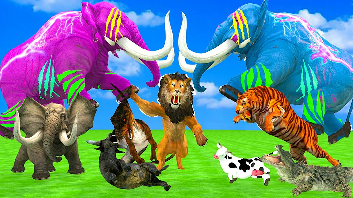 5 Giant Elephant Cow Vs Giant Indian Rhino Elephant Vs 5 Giant Lion Tiger Bull Saved Woolly Mammoth