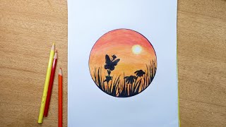 رسم منظر طبيعي سهل رسم الغروب فراشة بالألوان الخشبية للمبتدئين خطوة بخطوة how to draw landscape easy