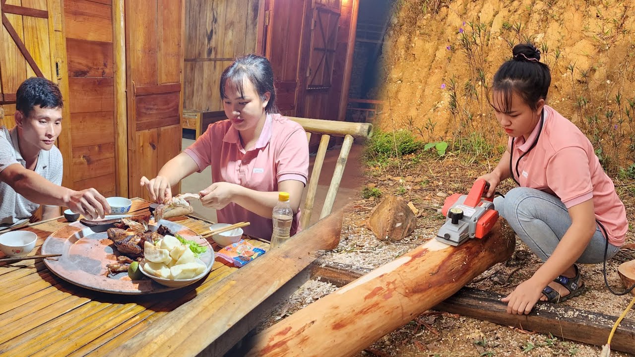 How to build a wooden house: Plan all the wooden columns, grill chicken for dinner with your uncle