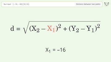 Find the distance between two points p1 (-16,-88) and p2 (13,18): Step-by-Step Video Solution