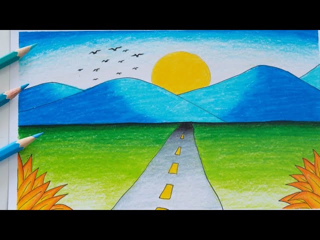 รูป ธรรมชาติ การ์ตูน ง่ายๆ วาดรูปธรรมชาติแบบง่ายๆ || วาดรูป || Easy sunset scenery drawing. - YouTube