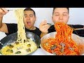 (Not For Kids) CREAMY SEAFOOD FETTUCCINE ALFREDO & PESTO PASTA NOODLES • Mukbang & Recipe