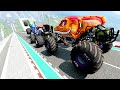 HT Gameplay Crash #129 | Monster Trucks Series High Speed Jump Crash Giant Hammer vs Deep Water Fail