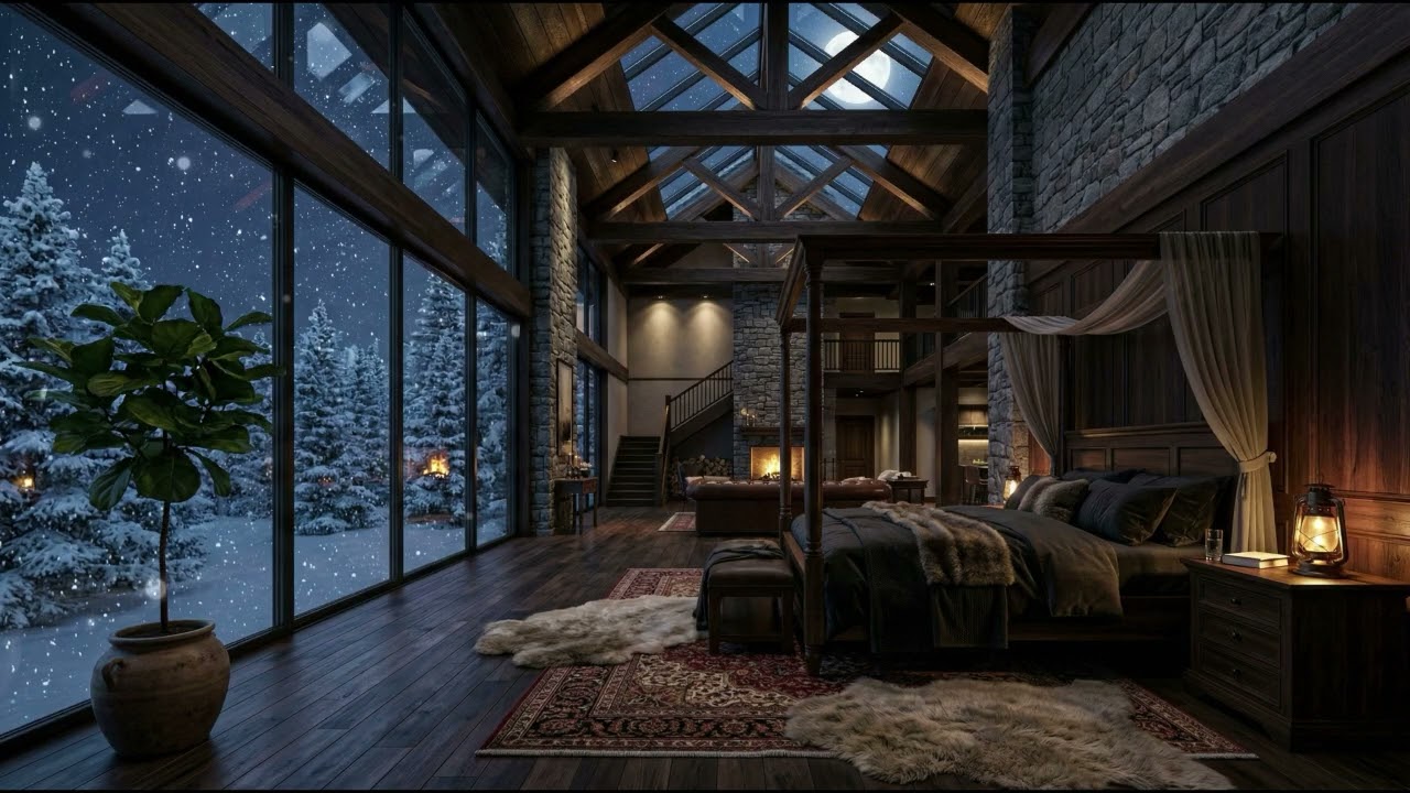 Winter Cabin Moonlit Calm – Warm Lantern Glow, Quiet Snow & Deep Winter Stillness
