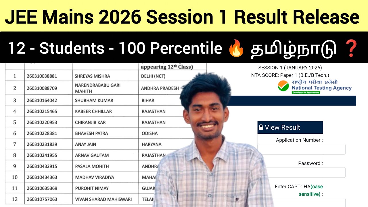 JEE Mains 2026 Session 1 Result Release | 12 Students 100 Percentile | Tamilnadu ❓