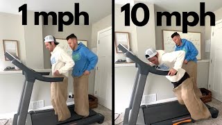 Trying to jump in potato sacks, on a treadmill, with two people.