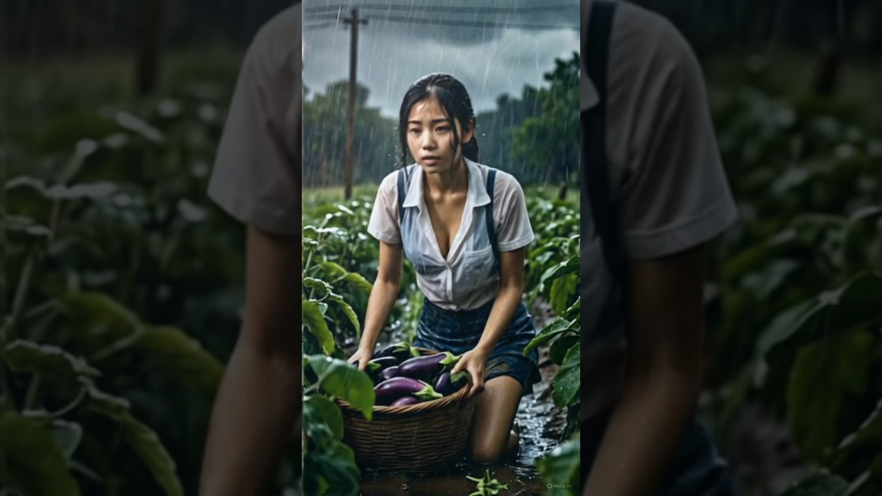 Hana Caught In Rain While Harvesting Eggplants 