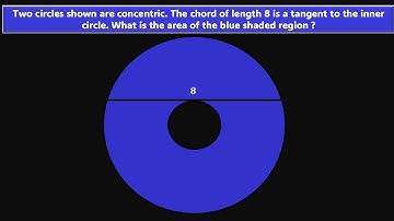 2 concentric circles. Chord length of 8 is a tangent to the inner circle. Area of the blue region ?