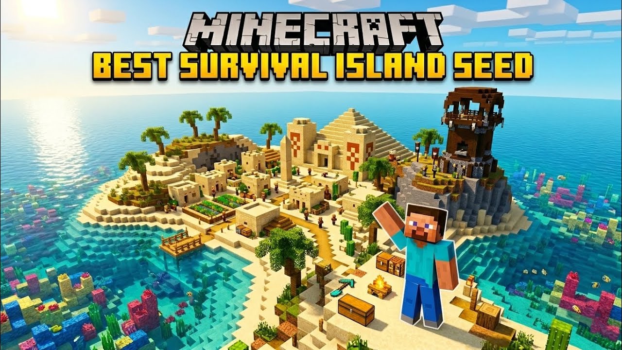 PERFECT Survival Island Seed: Spawn with Village & Desert Pyramid ...