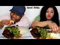 Fufu and okra mixed with ogbono soup and giant river fish speed eating challenge big bites mukbang