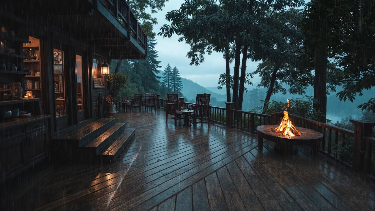 Gentle Rain Sounds & Cozy Fire Ambience at Lakeside Porch for Deep Sleep Focus Study Relaxation 🌧️