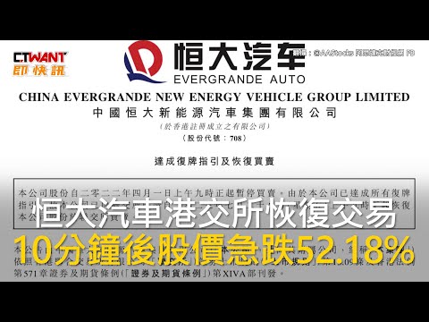 CTWANT 財經新聞 / 恒大汽車港交所恢復交易 10分鐘後股價急跌52.18%