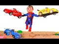 SUPERMAN SAVES THE RACE CARS  ❤ SUPERHERO PLAY DOH CARTOONS FOR KIDS