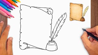 How to draw Paper Scroll And Feather - Easy Drawing for Kids & Beginners