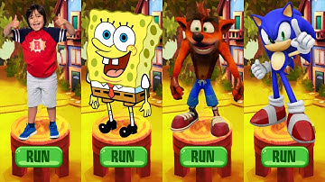 Tag with Ryan vs Crash Bandicoot: On the Run vs Spongebob: Sponge on the Run vs Sonic Dash Gameplay