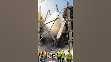 A high-rise collapses in seconds, giant concrete slabs crash down as workers fall helplessly