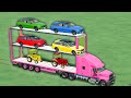 Transport with Colors - Super PORSCHE TRACTOR  with MERCEDES CAR !  - Farming Simulator 22