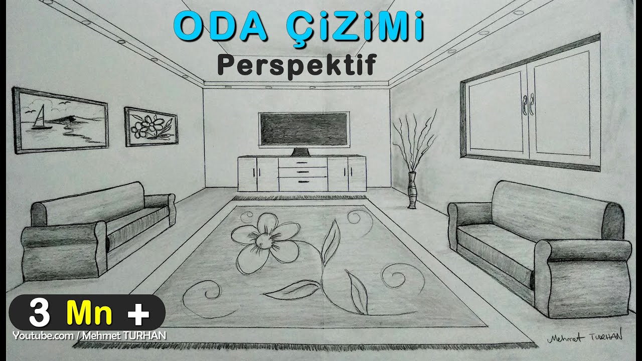 Oda Çizimi,tek nokta perspektifli iç mekan çizimi, How to draw a room