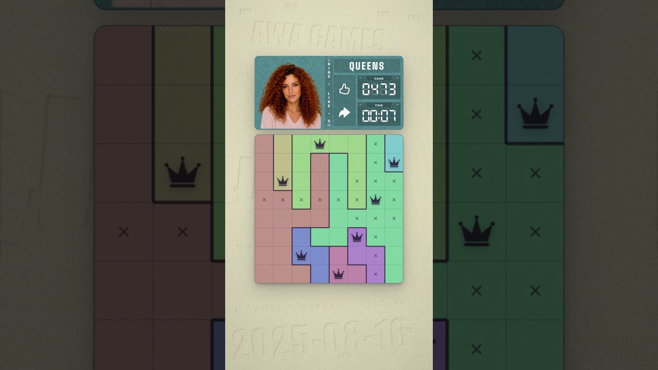 LinkedIn Queens #473 solved board for August 16, 2025, 8x8 grid